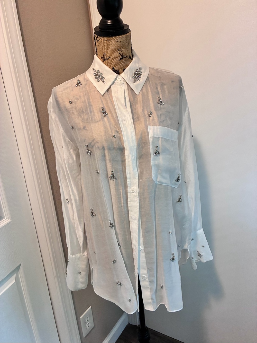 Zara White Sheer Embellished Button-Down Shirt